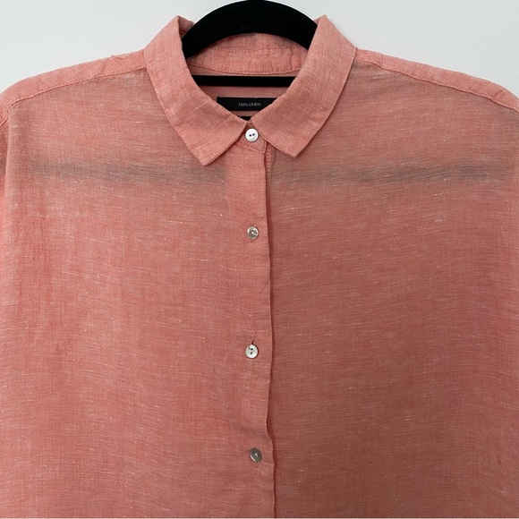 Tahari 100% Linen Women Button Front Short Sleeves Shirt Coral Top - Picture 4 of 14
